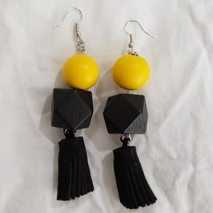 Boho Leather Tassel Drop Earrings Wood Detail